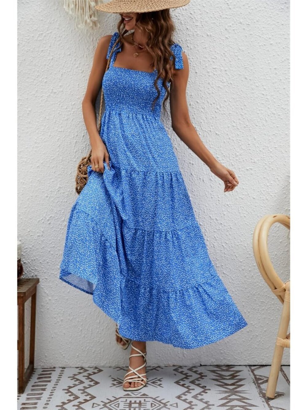 Women's Dots Blue 1 Sleeveless Square Neck Ruffle Flowy Imported Maxi Dress - Picture 2 of 6